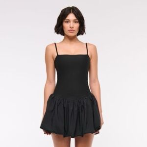 Black Spaghetti-Strap Mini Dress with Voluminous Skirt